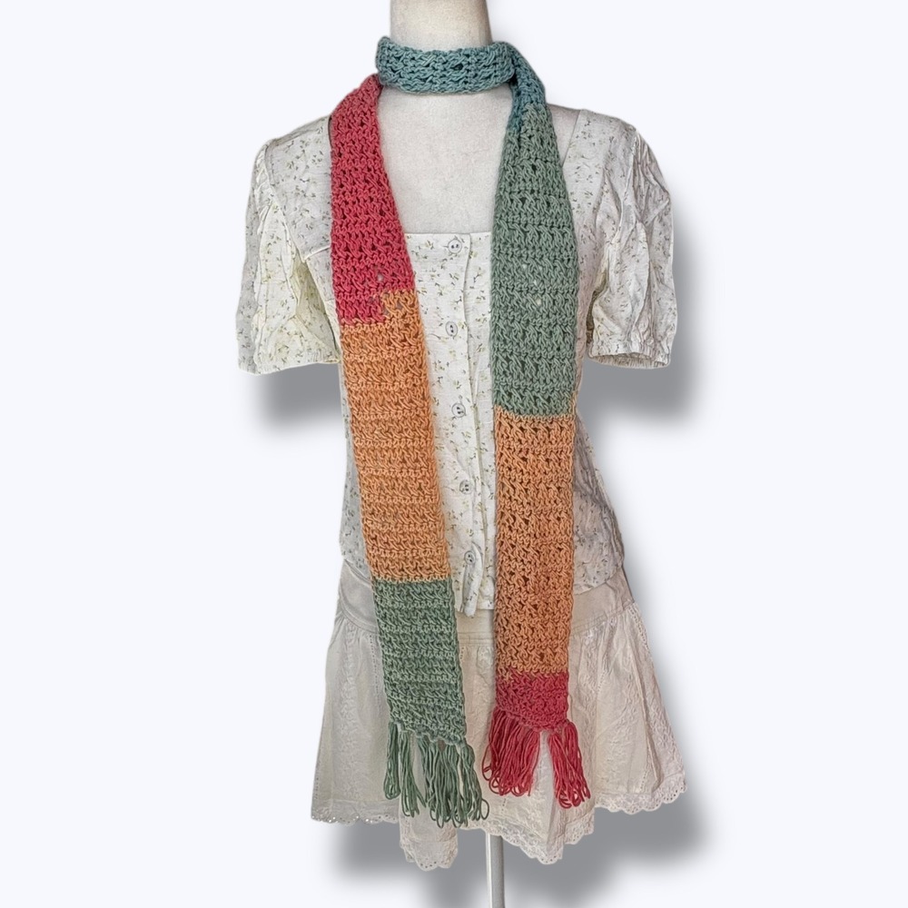 Crochet Colorblock Fringe Scarf Cozy Boho Cottagecore Soft Yarn Handmade 78in